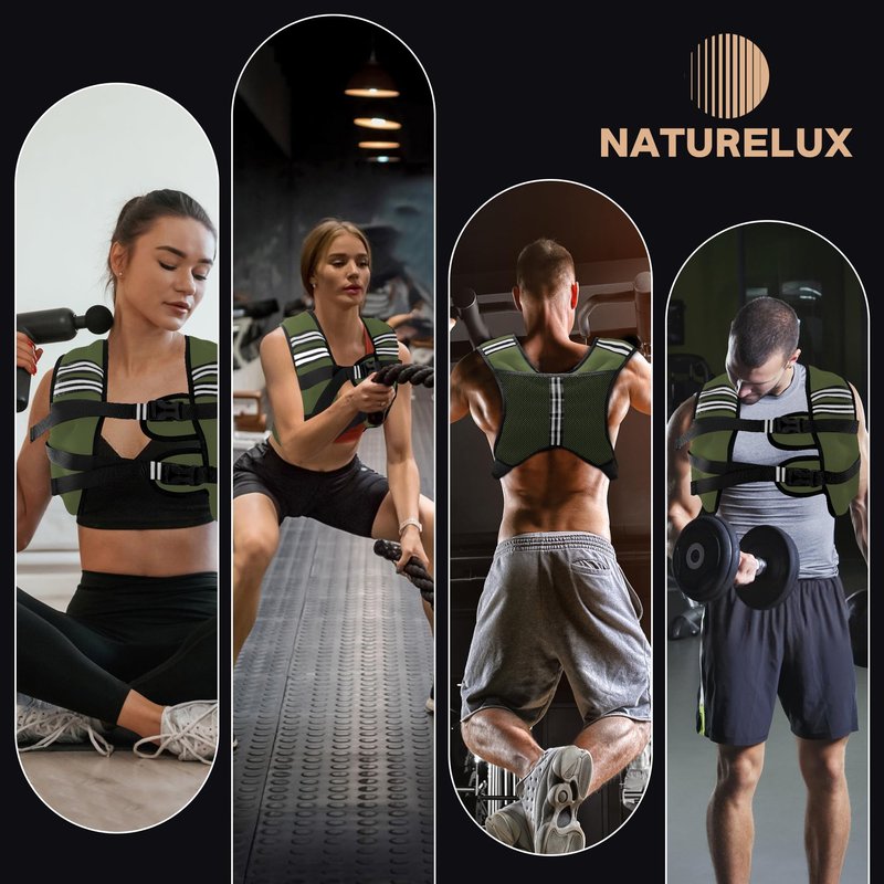 NATURELUX Weighted Vest with Reflective Stripe and Adjustable Buckle Straps, Army Green, 25 lbs