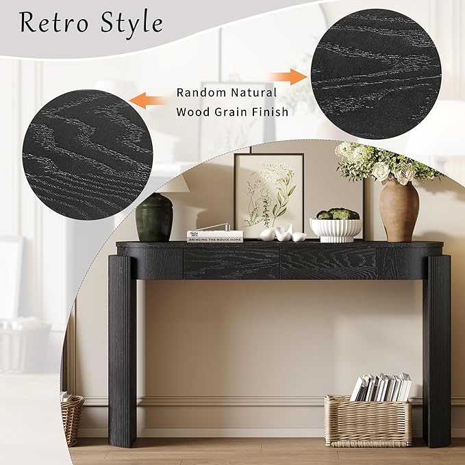 55.1" Entryway Narrow Console Table with Drawers, Oval Top & Fluted Legs, Natural Wood Grain Sofa Table for Hallway, Foyer, Behind Couch, Accent Table for Living Room, Solid Wood + MDF (Black)