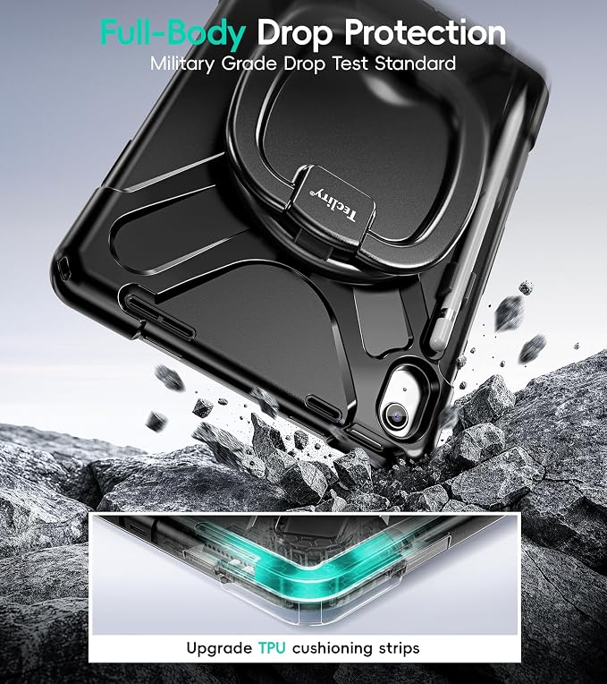 Case for iPad (A16) 11th/10th Generation - 2025/2022 (11″/10.9″) | 4 Layers Drop Protection iPad Case with Screen Protector 360° Rotating Stand Shoulder Strap Pencil Holder Black