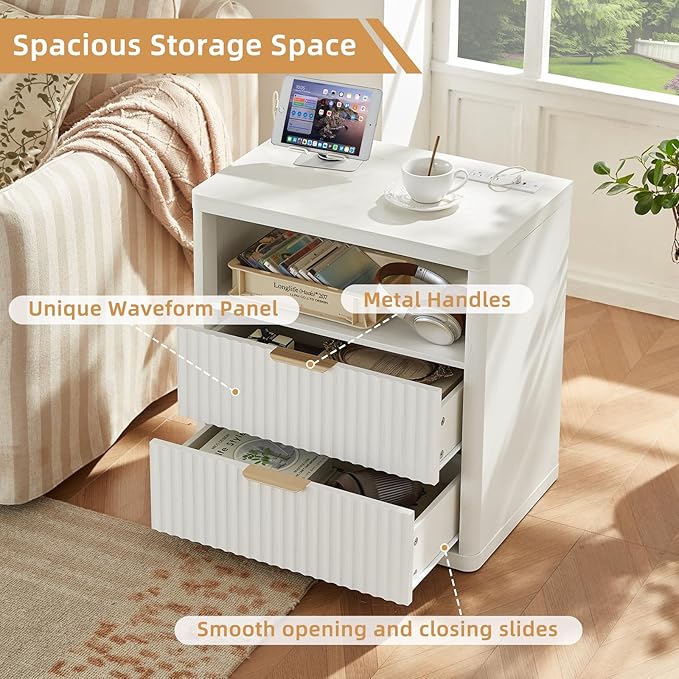 LEYAOYAO Fluted Farmhouse Nightstand Set of 2 with Charging Station, 23" Wide 2 Drawers End Table,White Dresser for Bedroom,Bed Side Table Chest of Drawers Cabinet,Wood Night Stand for Living Room