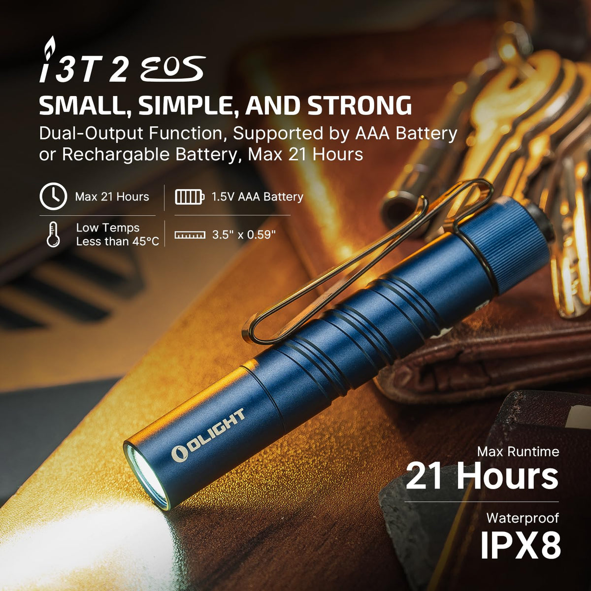 OLIGHT I3T 2 EOS Pocket EDC Flashlight, 200 Lumens Compact Bright Handheld Tactical Flash Lights, Dual-Output Tail Switch with AAA Battery and Two-Way Pocket Clip for Camping,Hiking (Midnight Blue)