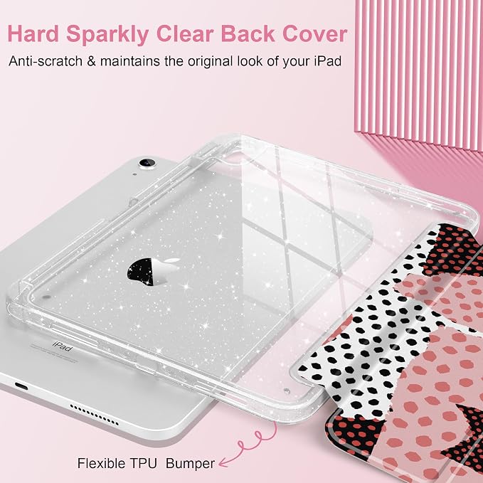 MEEgoodo Case for iPad A16 11th Generation 2025/10th Generation 2022 Glitter Tablet Cases with Transparent Acrylic Back+Trifold Stand +Pencil Holder+Auto Wake/SleepAbstract Sun &amp Palm Tree