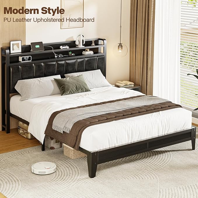 Full Size Bed Frame with 2-Tier Storage Shelves, LED Bed Frame with PU Leather Headboard, Metal Platform Bed with Charging Station, Noise Free, No Box Spring Needed, Easy Assembly, Black