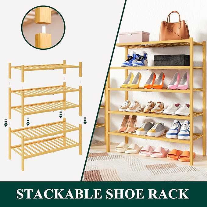 Smiry Shoe Rack, 4 Tier Thick Bamboo Shoe Organizer, Stackable Free Standing Wooden Shoe Storage Shelf for Closet, Entryway, Front Door Entrance, Natural