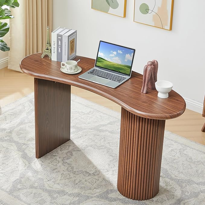 LEVNARY 54.3" Curved Small Computer Desk, Wooden Executive Desk with Sturdy Fluted Legs, Modern Luxury Corner Single Writing Vanity Desk for Bedroom Living Room Home Office (Walnut)