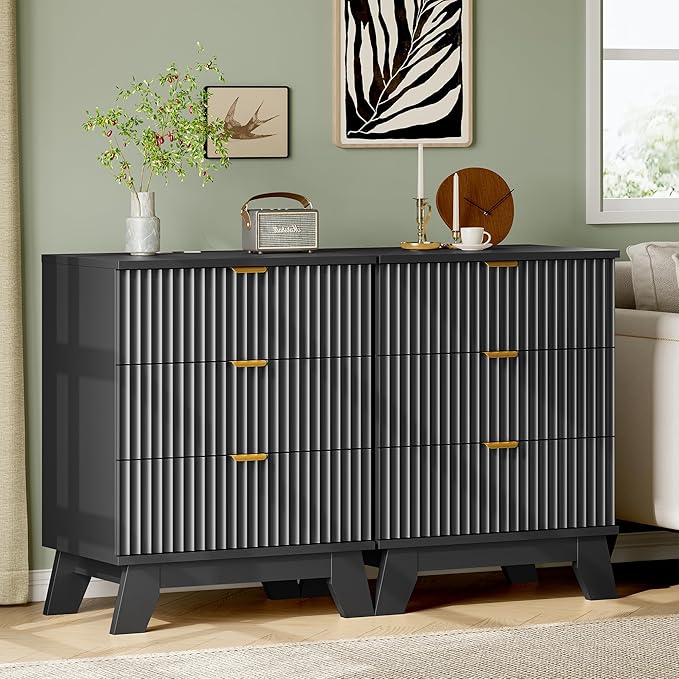 Fluted Nightstand with Charging Station, 24" Wide Bedside Table with 3 Large Storage Drawers, Modern Wood Side Table Night Stand, End Table Small Dresser for Bedroom, Living Room, Dorm, Black