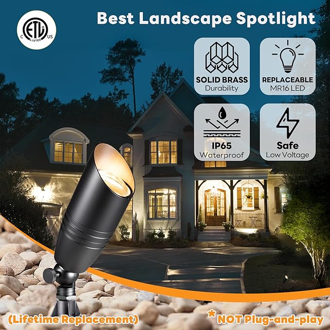 Brass Landscape Lighting - Black Low Voltage Spotlights Outdoor LED, 12V Wired Uplights, Waterproof Spot Lights, Adjustable Focus for Outside Trees Without MR16 Bulb (4 Pack)