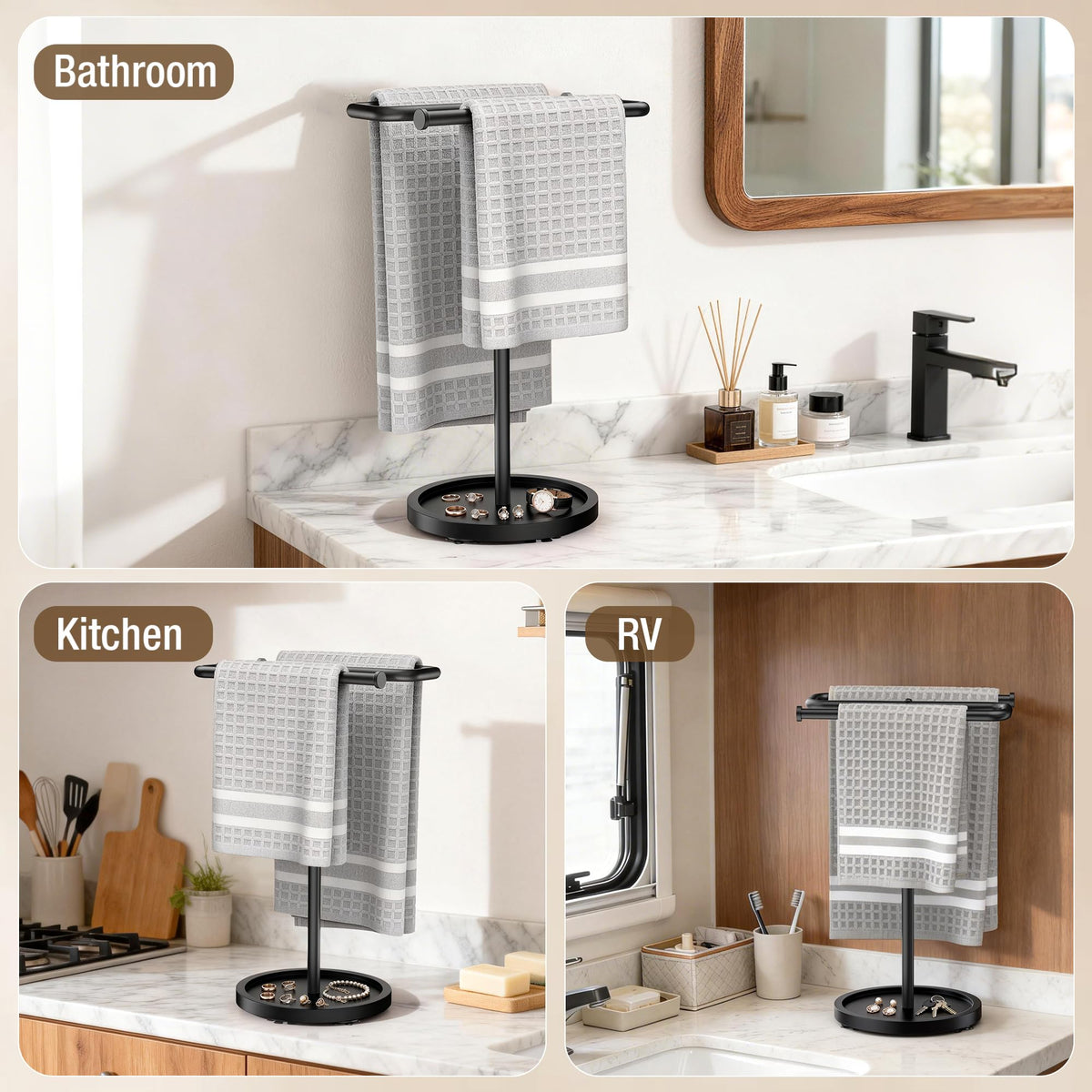 Aetyord Z-Shape Countertop Towel Holder - Height Adjustable for Bathroom/Kitchen/RV | Rustproof Metal & Wood Base Black