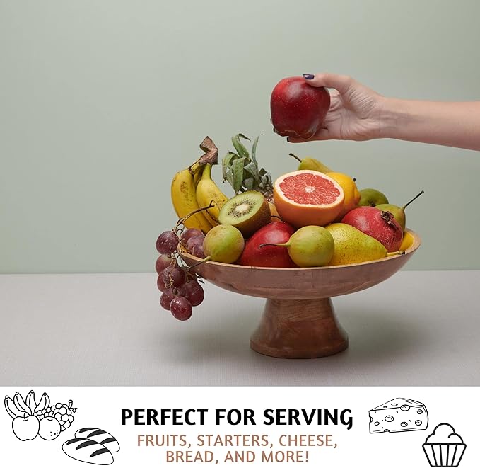 Folkulture Wooden Fruit Bowl | (12") Decorative Bowls for Kitchen Counter or Centerpiece Table Decor | Large Bowls, Pedestal Bowl for Farmhouse décor | Wood Fruit Bowl for Kitchen