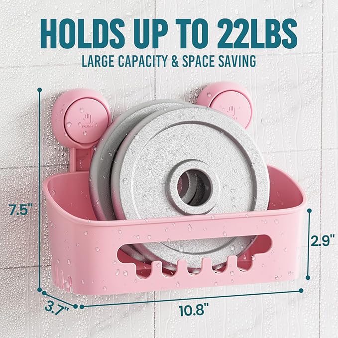 TAILI Shower Caddy Suction Cup, Heavy Duty Bathroom Organizer, Removable Shelves for Inside Shower, Shampoo, Waterproof Suction Plastic Storage for Bathroom Accessories Holder, Pink