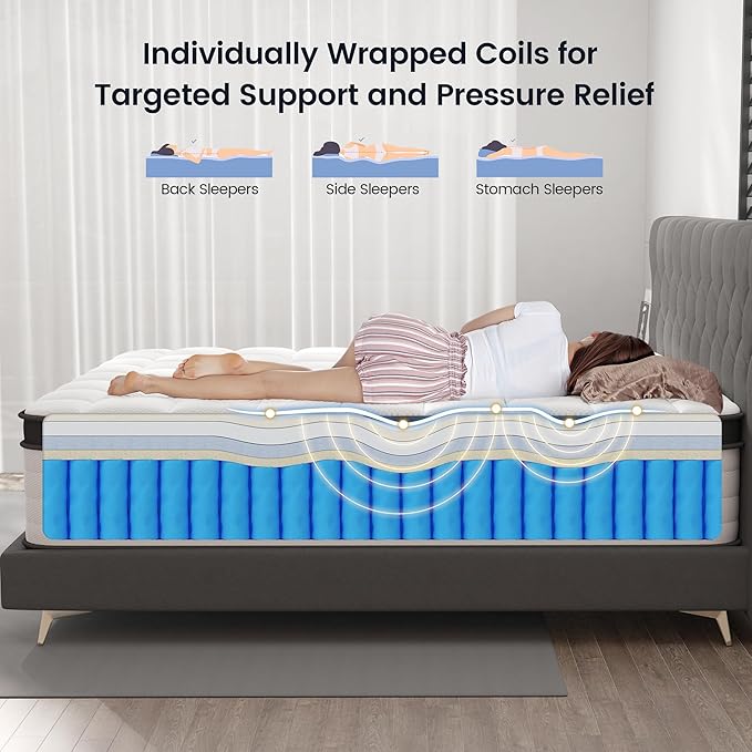 Queen Mattress, 16 Inch Hybrid Queen Size Mattresses in a Box, Medium Firm, Memory Foam and Pocket Springs, Strong Edge Support, Pressure Relief