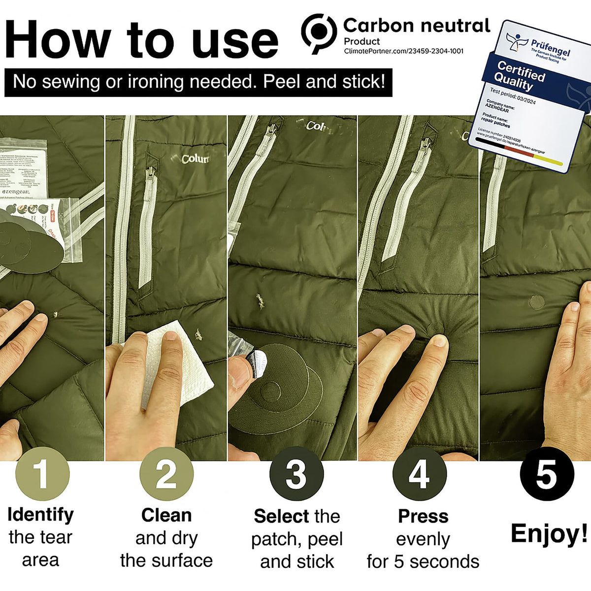 Self-adhesive Repair Patches for Jackets, Tents, Sleeping Bags, Olive Green