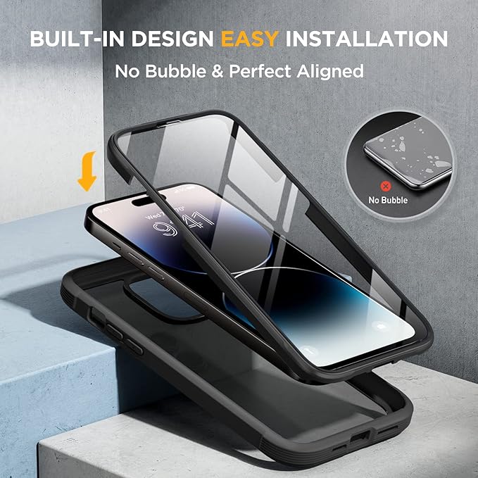 Miracase Glass Series Designed for iPhone 14 Pro Max Case 6.7 Inch, Upgrade Full-Body Bumper Case with Built-in 9H Tempered Glass Screen Protector, with Camera Lens Protector, Matte Black