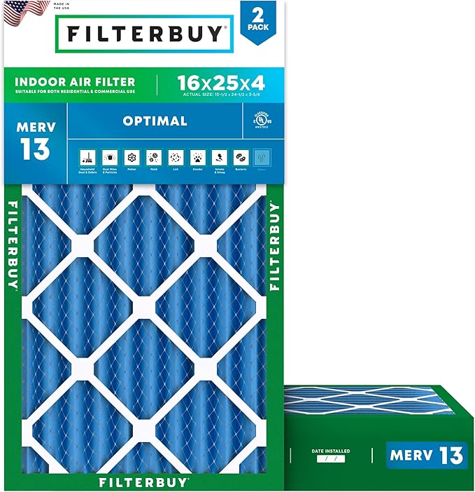Filterbuy 16x25x4 Air Filter MERV 13 Optimal Smoke & Allergy Defense,