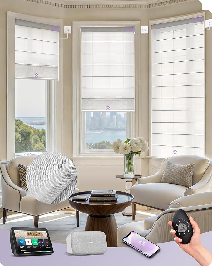 Graywind Smart Roman Shades 20% Blackout Compatible with Alexa Google WiFi Hardwired Automatic Blind Remote View Visible Roman Window Shades for Windows Doors, Custom Size (Semi-Sheer Grey)