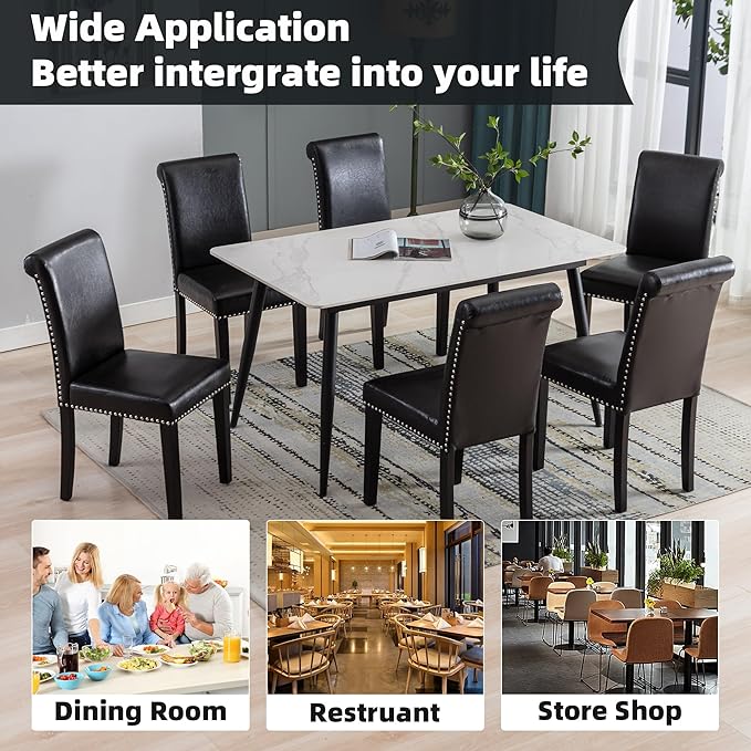 Westice Dining Room Chairs Set of 2 Upholstered PU Leather Kitchen Chairs Dining Room Side Chair with Nailhead Trim and Rubber Wood Legs for Small Space Apartment, Black