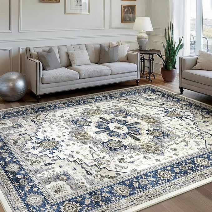 Area Rugs for Living Room 9x12 - Large Machine Washable Vintage Oriental Soft Rug, Low Pile Thin Carpet with Non Slip Backing for Bedroom, Dorm, Under Dining Room Table, Indoor House, Office Decor