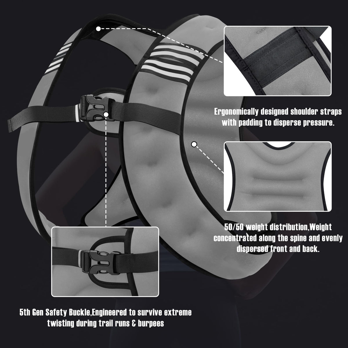 NATURELUX Weighted Vest with Reflective Stripe and Adjustable Buckle Straps, Grey, 10 lbs