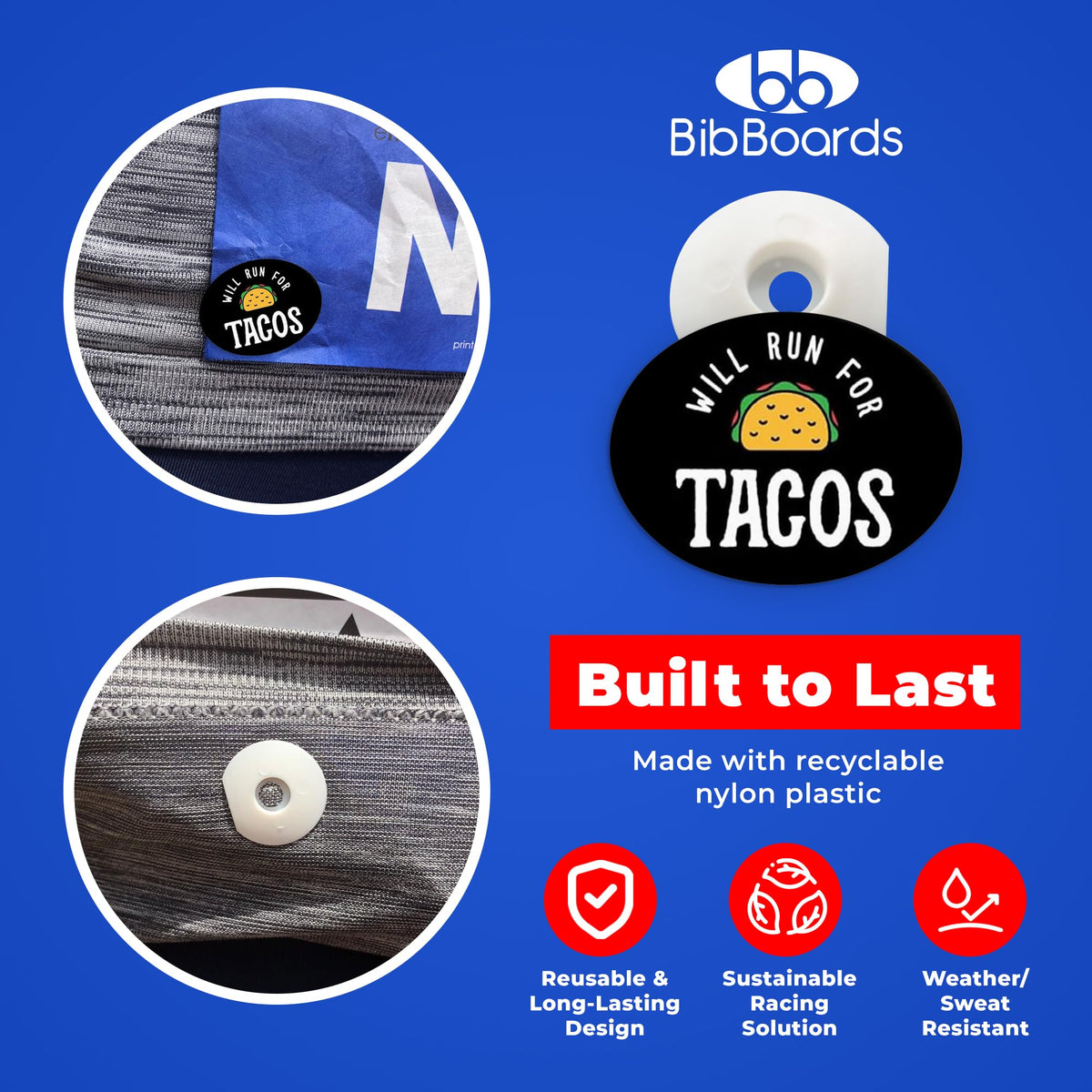 BibBoards bibSNAPS Race Bib Clips, Will Run for Tacos, 4 Pack