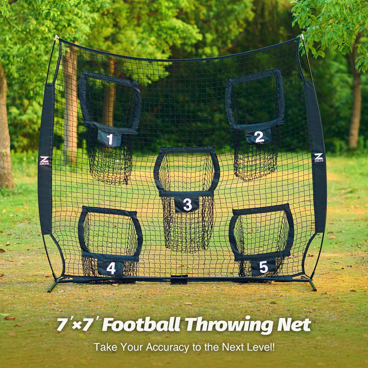 ZELUS Football Throwing Net, 7x7ft Football Training Equipment with 5 Target Pockets for Throwing and Passing Practice, Portable Quarterback Trainer Net, QB Throw Accuracy Net with Carry Bag