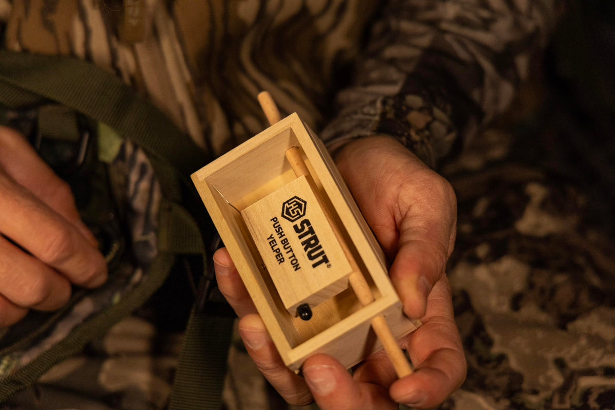 HUNTERS SPECIALTIES HS Strut Push Button Yelper Poplar Walnut Hand Tuned Compact Hunting Realistic Soft Clucks Purrs Tree Talk Wild Turkey Call Brown