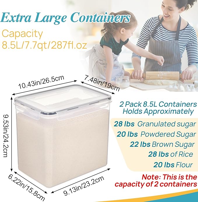 Vtopmart 8.5L 2 Pack Extra Large Flour Sugar Storage Containers for 20lbs flour, Airtight Kitchen Pantry Organization Canisters with Lids for Bulk food, Rice, Baking Supplies, BPA Free, Black
