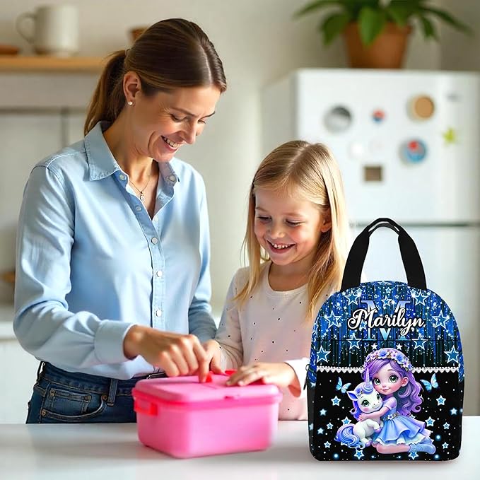 Custom Kids Backpack with Lunch Box Personalized Name Bookbag for Girls Back to School Blue Backpacks for Elementary Middle School Boys