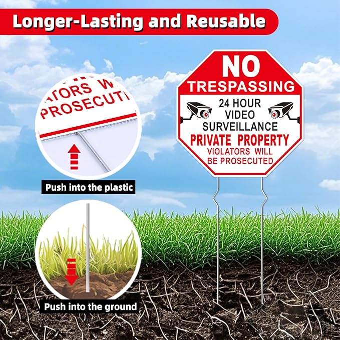 NO Trespassing Signs Private Property Video Surveillance Sign, Large 4-Pack 10"x10" Double-Sided Signs, Corrugated Plastic, Metal Stakes, Outdoor Yard Sign for Home and Front Door Land, and Garden, Lawn