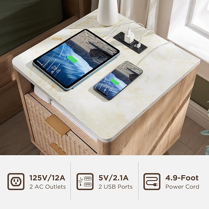 T4TREAM Fluted Nightstand Set of 2 with Charging Station, 18" Modern Side Table with Faux Marble Top, 2 Drawer End Table w/Storage, BedsideTable for Bedroom, Living Room, Curved Profile, Natural Oak