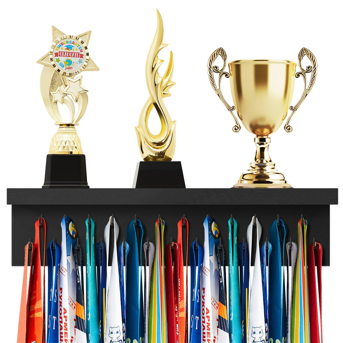Threehoney Wooden Medal Hanger Display Trophy Holder Shelf with 25/37/49/65/83 Hooks Wall Mount Ribbon Holder Gift for Gymnastics Running Soccer Awards