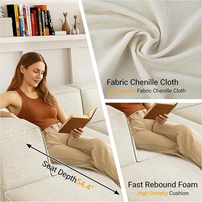 76" Sectional Compressed Sofa Modular Couches,High-Density Foam No Assembly Required, 2-Piece(1x Corner 1x Ottoman) for Living Room, Chenille Beige White