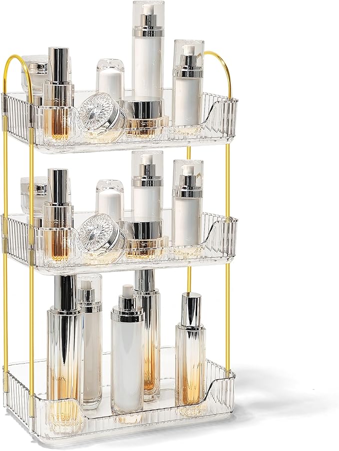 Bathroom Counter Organizer Countertop Storage Skincare Countertop Makeup Organizer Cosmetics Skincare Organizers Holder for Perfume-Clear-Golden Pole-3 Tier