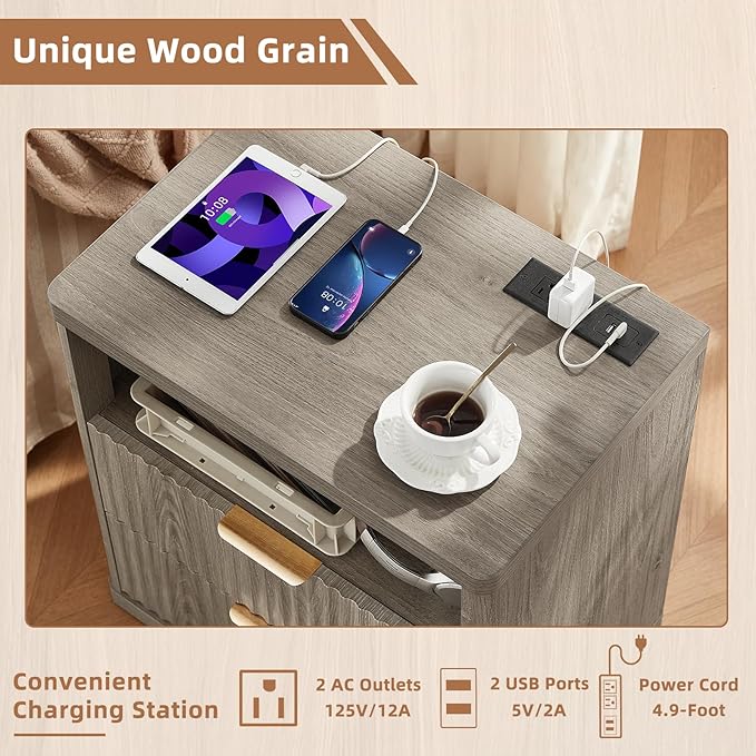LEYAOYAO Fluted Nightstand with Charging Station, 23" Wide 2 Drawers End Table,Grey Night Stand with Open Storage Cabinet, Farmhouse Bed Side Tables, Wood Dresser for Bedroom, Living Room, Closet