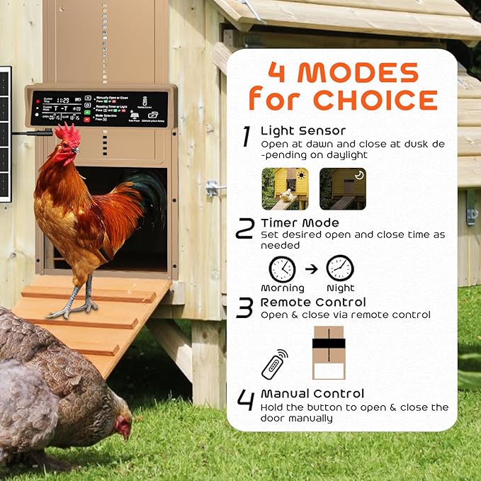 Asfrost Automatic Chicken Coop Door Solar Powered Automatic Chicken Door with Timer & Light Sensor, Anti-Pinch, Durable Aluminum Auto Chicken Door, Charge with 7W Solar Panel & USB - Brown