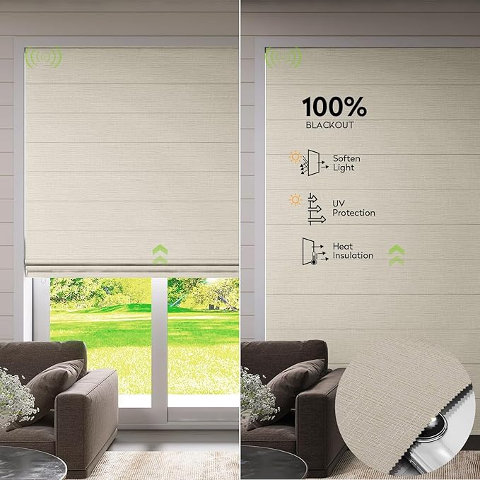 ZSTARR Smart Roman Shades Rechargeable Motorized Blinds with Remote Full Blackout Roman Window Shades Plain Fold Soft for Doors Bedroom, Custom Size (Beige)