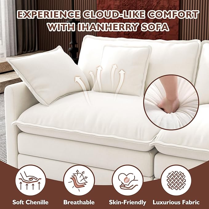 Ihanherry 114" V-Shaped Modern Sofa Modular Sectional Cloud Couch with Corner Section, 5-Seat Chenille Deep Seat Sofa with 5 Pillows for Living Room, Bedroom and Apartment, Beige