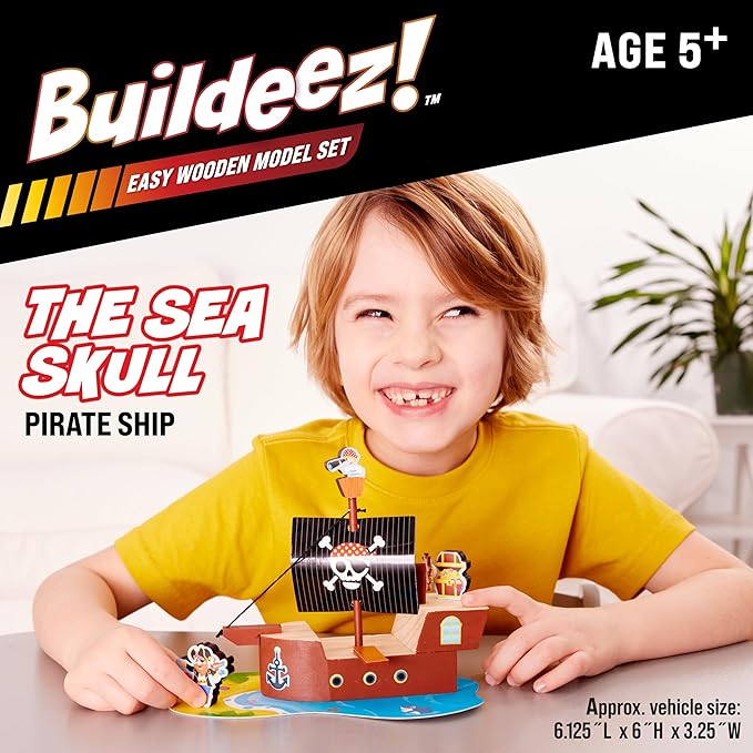 Creativity for Kids Buildeez! Easy Wooden Model Set: Pirate Ship, Sea Skull - DIY Arts & Crafts Kit, STEM Toys and Gift for Kids, Boat Toys for Boys (Ages 5+)