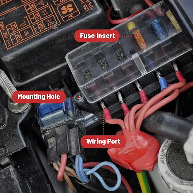 RED WOLF 6 Way Fuse Block Blade Fuse Box with Standard Circuit Fuses for Boat Marine Vehicle Auto RV Car Trailer Truck SUV Power Distribution Panel Waterproof Cover DC 10-32V