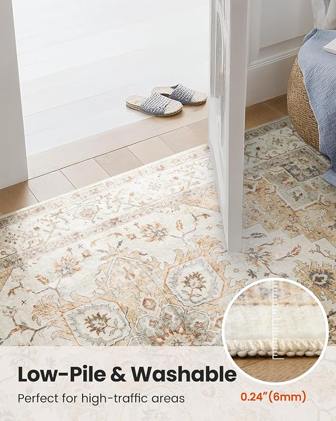 AMADA HOMEFURNISHING 4ft Round Area Rug, Low-Profile Washable 4x4 Rugs with Non-Slip Backing & Durable Edge Binding, Vintage Rug for Kitchen, Bedroom & Hallway, Beige