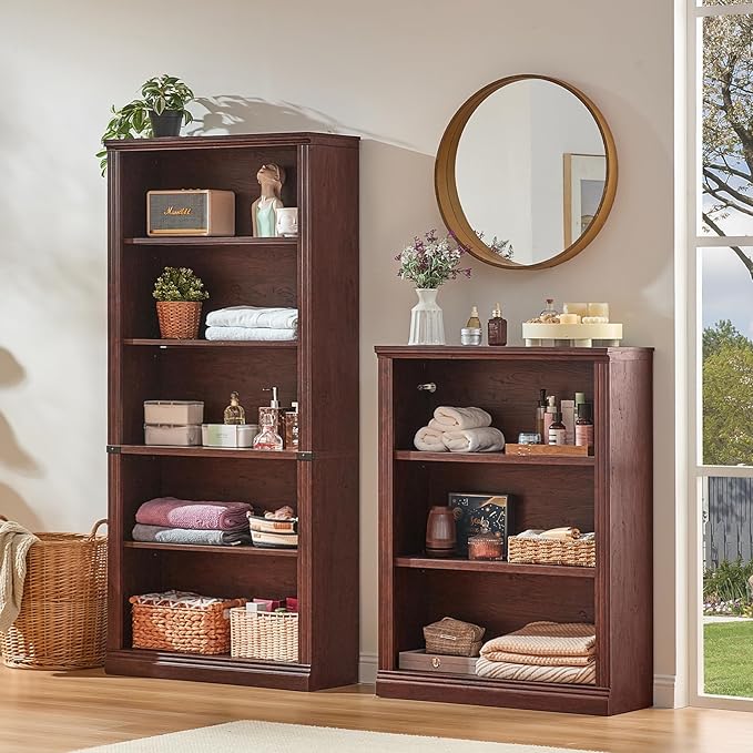 70" Walnut Tall Bookshelf,5-Tier Thick Wooden Book Shelf with Adjustable Shelves,Free Standing Farmhouse Bookcase with Open Display Storage,Floor Vintage Bookshelves for Living Room,Office