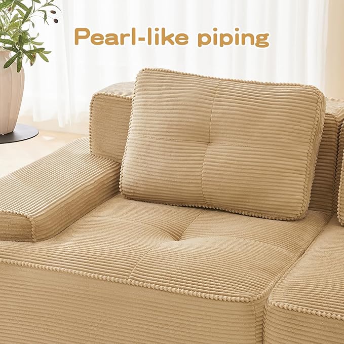 80" Modern Corduroy Boneless Love Seat Couches with 1 Ottoman, 2 Seater Large Sectional Couches for Living Room, Camel Cloud Modular Sectional Sofa, Memory Foam, Extra Deep Loveseat, No Assembly