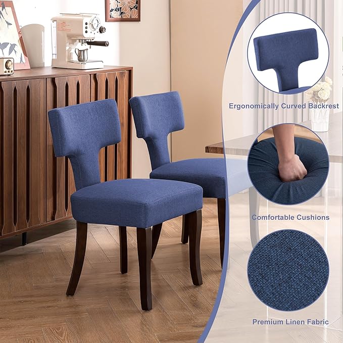 Mid Century Modern Dining Chairs Set of 4, Upholstered Side Dining Chairs with Curved Back Linen Fabric Armless Wood Chairs Kitchen & Dining Room Farmhouse Chairs (Blue)