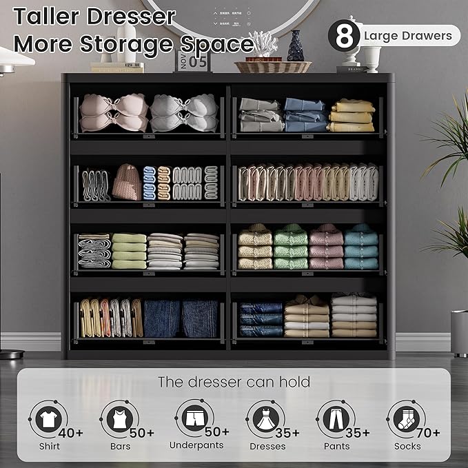 Black Dresser for Bedroom, 8 Drawers Double Fluted Dressers, Modern Chest of Drawers with Curved Profile, Handleless, Storage Closet Dressers for Bedroom, Living Room, Entryways, Natural