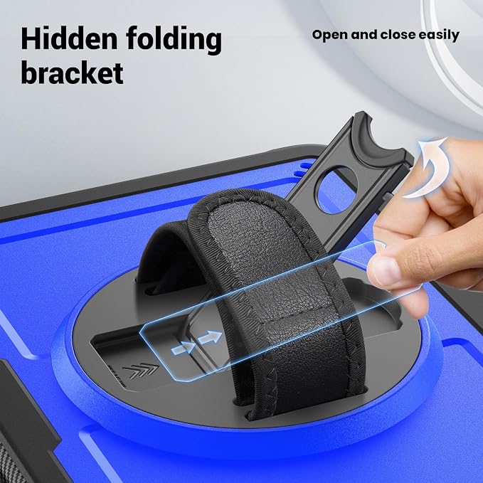 Case for iPad (A16) 11th Generation 11 inch 2025 Lightweight Rugged Dual-Material Design 360° Rotating Adjustable Leather Hand Strap Foldable Kickstand Durable with Full ProtectionBlue