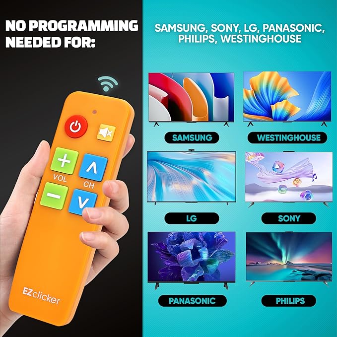 EZclicker TV Remote for Seniors, Extra Simple Big Button Remote (Orange) Works with Major TV Brands, NOT for Streaming (2xAAA Batteries Not Included)
