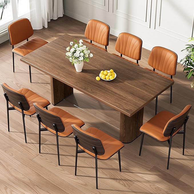 Dining Chairs Set of 4, Mid-Century Modern Upholstered PU Leather Chairs with Walnut Back and Metal Legs Adjustable Feet for Kitchen Dining Room, Orange Shell Strips