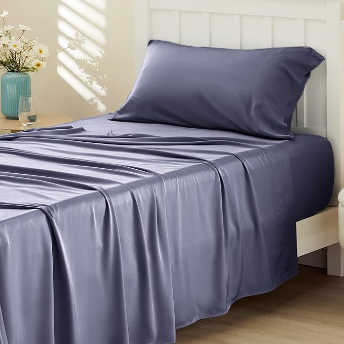 Bedsure Cooling Sheets Twin, Rayon Derived from Bamboo, Cooling Sheets, Breathable & Soft, Deep Pocket Up to 16 Inches, Hotel Luxury Silky Bedding for Hot Sleepers, Dark Grey