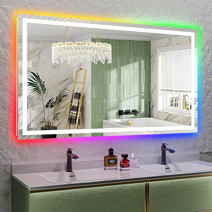 YEELAIT 68x40 Inch RGB LED Bathroom Mirror Front Light and RGB Backlit Lighted Vanity Mirror for Bathroom Wall Mounted Dimmable Anti Fog Memory Shatter-Proof IP54 Waterproof Horizontal/Vertical