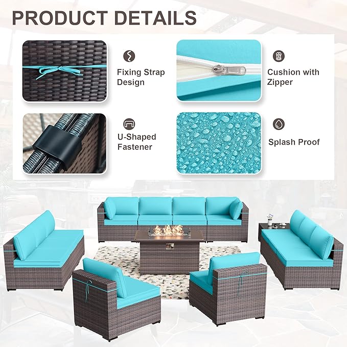 Kurapika 14 Pieces Patio Furniture Set, Rattan Wicker Outdoor Conversation Sets w/43in Propane Fire Pit Table and 4 Inch Cushion(Blue)