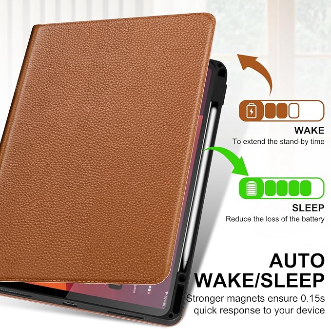 Genuine Leather Case for iPad 11th Gen 11/10th Gen 10.9 Black | Pencil Holder Adjustable Stand Auto Wake/Sleep Shockproof
